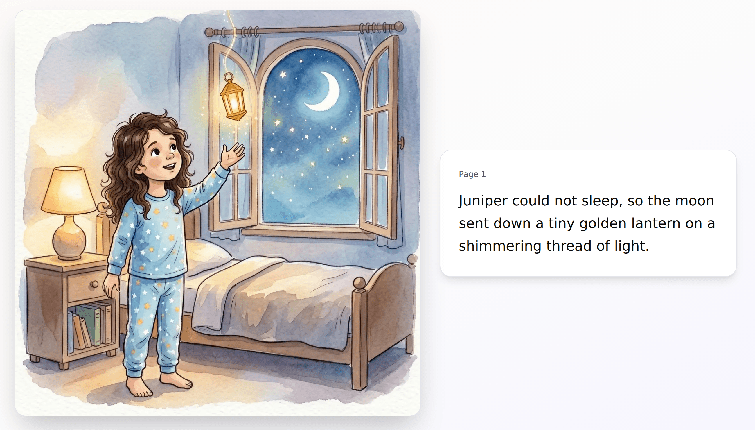 A Wonderspun storybook page in the reader: a watercolor illustration of a child in pyjamas reaching toward a glowing lantern by a moonlit window, shown beside the page’s story text.